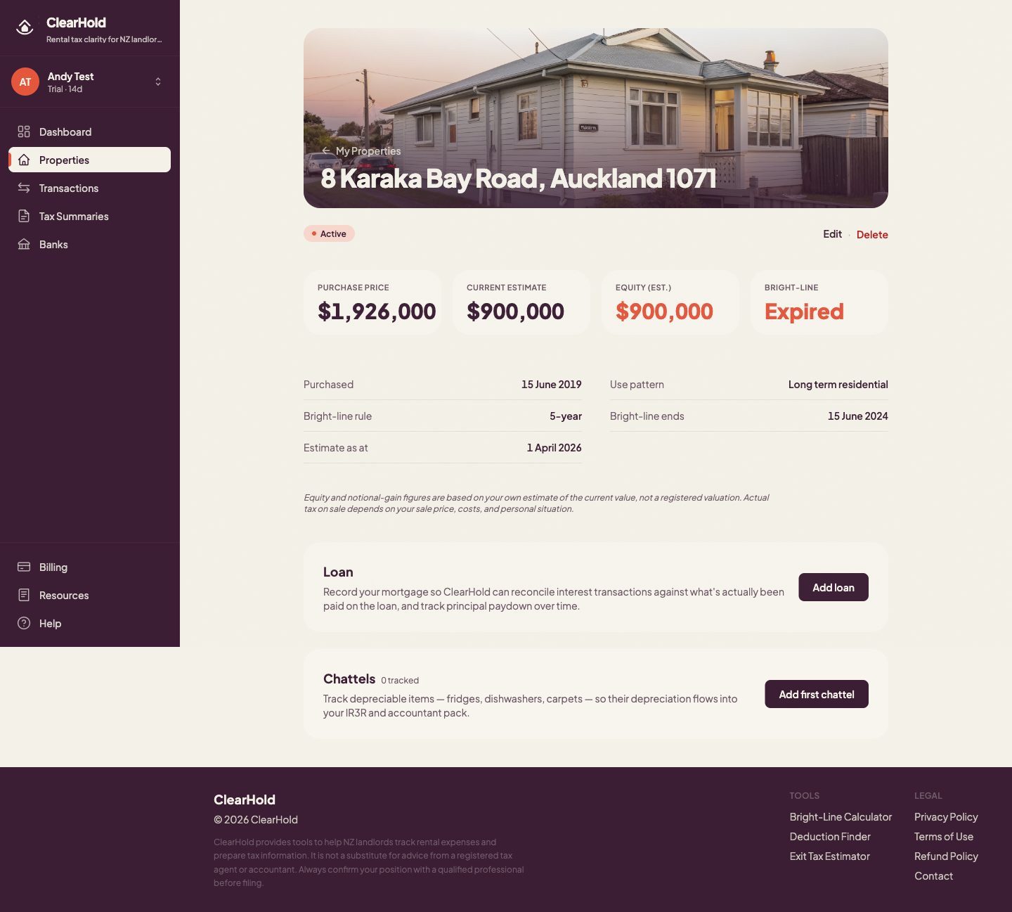 Property detail view — Street View hero, bright-line rule, purchase price, loan amount and drawdown date.